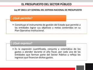 EL PRESUPUESTO DEL SECTOR PÚBLICO
• Constituye el instrumento de gestión del Estado que permite a
las entidades lograr sus objetivos y metas contenidas en su
Plan Operativo Institucional.
¿Qué permite?
• Es la expresión cuantificada, conjunta y sistemática de los
gastos a atender durante el año fiscal, por cada una de las
Entidades que forman parte del Sector Público y refleja los
ingresos que financian dichos gastos.
¿Qué expresa?
Ley Nº 28411 LEY GENERAL DEL SISTEMA NACIONAL DE PRESUPUESTO
 