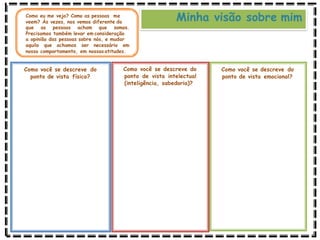 Minha visão sobre mim
Como eu me vejo? Como as pessoas me
veem? Às vezes, nos vemos diferente do
que as pessoas acham que somos.
Precisamos também levar em consideração
a opinião das pessoas sobre nós, e mudar
aquilo que achamos ser necessário em
nosso comportamento, em nossas atitudes.
Como você se descreve do
ponto de vista físico?
Como você se descreve do
ponto de vista intelectual
(inteligência, sabedoria)?
Como você se descreve do
ponto de vista emocional?
 