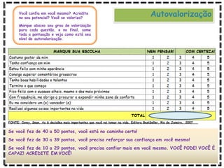 Autovalorização
Você confia em você mesmo? Acredita
no seu potencial? Você se valoriza?
Marque abaixo seu grau de valorização
para cada questão, e no final, some
toda a pontuação e veja como está seu
nível de autovalorização.
FONTE: Covey, Sean. As 6 decisões mais importantes que você vai tomar na vida. Editora BestSeller. Rio de Janeiro, 2007
Se você fez de 40 a 50 pontos, você está no caminho certo!
Se você fez de 30 a 39 pontos, você precisa reforçar sua confiança em você mesmo!
Se você fez de 10 a 29 pontos, você precisa confiar mais em você mesmo. VOCÊ PODE! VOCÊ É
CAPAZ! ACREDITE EM VOCÊ!
 