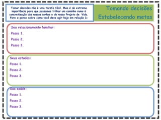 Tomando decisões
Estabelecendo metas
Tomar decisões não é uma tarefa fácil. Mas é de extrema
importância para que possamos trilhar um caminho rumo à
concretização dos nossos sonhos e do nosso Projeto de Vida.
Pare e pense sobre como você deve agir hoje em relação à:
Seu relacionamento familiar:
Passo 1.
Passo 2.
Passo 3.
Seus estudos:
Passo 1.
Passo 2.
Passo 3.
Sua saúde:
Passo 1.
Passo 2.
Passo 3.
 
