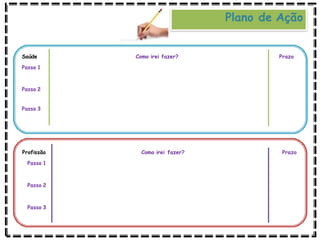 Como irei fazer? Prazo
Saúde
Passo 1
Passo 2
Passo 3
Profissão
Passo 1
Passo 2
Passo 3
Como irei fazer? Prazo
Plano de Ação
 