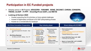 Participation in EC Funded projects
       Already active in 10 Projects: ARAGORN , FARAMIR, BONE, DICONET, CHRON, CONSERN,
        TREND, ULOOP , FI PPP – SmartAgriFood (SAF), and METIS
       Looking at Horizon 2020
            Huawei supporting the EU priorities on future global challenges
            Huawei to legitimately contribute to EU S&T policymaking process
            Huawei as a considerable EU employer

    EU-China Innovation Cooperation                                 Key industry player                                         Direct dialog with EC/MEP

        EU-China Summit                                 DIGITALEUROPE               Direct communication           Direct communication
                                                             Speech on H2020,             Telecom Italia               DG CONNECT
            Successful agreement, Brussels – Sept                                    

             20th                                            Brussels - Sep 24th         Telefonica TID              CONNECT Advisory Forum for ICT Research
                                                            Member of R&D               FT/Orange R&D                and Innovation (CAF)
                                                             Working Group               …                            Showed interest to join on Oct 26th
        EU-China Seminar                                Net!Works                   ETNO
            DG R&D and MOST, Beijing – Nov   14th          Towards H2020,              Huawei / Observer
                                                                                                                         Huawei R&D White Paper to EC / MEP
                                                             Brussels – Nov 13th         FT-ETNO Summit
                                                                                                                          November 2012 (planned)
                                                            Member of R&D                2012
        Open-China ICT Dialogue                             working Group               Member of RESI
                                                         Cloud Expert Group              (Research & Innovation            Speech on Huawei R&D at EP (EC/MEP)
            DG CONNECT and MIIT, Beijing – Nov                                                                              December 2012 (planned)
                                                          Active participation           Working Group)
             15-16th



    Huawei Confidential                                                                                            Page 7
 