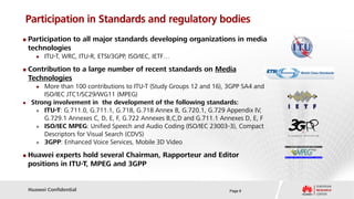 Participation in Standards and regulatory bodies
   Participation to all major standards developing organizations in media
    technologies
          ITU-T, WRC, ITU-R, ETSI/3GPP, ISO/IEC, IETF…
   Contribution to a large number of recent standards on Media
    Technologies
        More than 100 contributions to ITU-T (Study Groups 12 and 16), 3GPP SA4 and
         ISO/IEC JTC1/SC29/WG11 (MPEG)
    Strong involvement in the development of the following standards:
        ITU-T: G.711.0, G.711.1, G.718, G.718 Annex B, G.720.1, G.729 Appendix IV,

         G.729.1 Annexes C, D, E, F, G.722 Annexes B,C,D and G.711.1 Annexes D, E, F
        ISO/IEC MPEG: Unified Speech and Audio Coding (ISO/IEC 23003-3), Compact
         Descriptors for Visual Search (CDVS)
        3GPP: Enhanced Voice Services, Mobile 3D Video


   Huawei experts hold several Chairman, Rapporteur and Editor
    positions in ITU-T, MPEG and 3GPP


    Huawei Confidential                                                 Page 8
 
