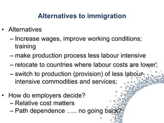 Alternatives to immigration
• Alternatives
  – Increase wages, improve working conditions;
    training
  – make production process less labour intensive
  – relocate to countries where labour costs are lower;
  – switch to production (provision) of less labour-
    intensive commodities and services;

• How do employers decide?
  – Relative cost matters
  – Path dependence ….. no going back?
 