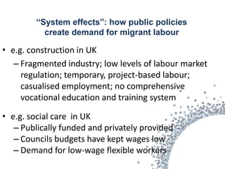“System effects”: how public policies
          create demand for migrant labour

• e.g. construction in UK
   – Fragmented industry; low levels of labour market
     regulation; temporary, project-based labour;
     casualised employment; no comprehensive
     vocational education and training system

• e.g. social care in UK
   – Publically funded and privately provided
   – Councils budgets have kept wages low
   – Demand for low-wage flexible workers
 