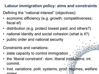 Labour immigration policy: aims and constraints
Defining the “national interest” (objectives):
• economic efficiency (e.g. growth; competitiveness;
  fiscal ef)
• distribution (e.g. protect lowest paid; and others?)
• national identity and social cohesion (what is it?)
• public order and national security

Constraints and variations:
• state capacity to control immigration
• the „liberal constraint‟: dom. liberal institutions; int.
  commit.
• Inst. variations: polit. systems, prod. regimes, welfare
 
