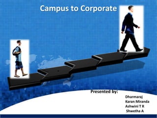 Campus to Corporate
Presented by:
Dharmaraj
Karan Miranda
Ashwini T R
Shwetha A
 