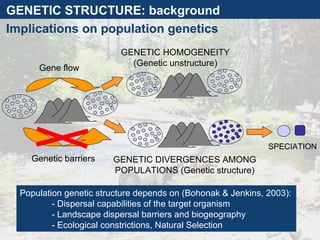 GENETIC DIVERGENCES AMONG POPULATIONS (Genetic structure) GENETIC HOMOGENEITY (Genetic unstructure) Gene flow Genetic barriers Population genetic structure depends on (Bohonak & Jenkins, 2003):  - Dispersal capabilities of the target organism - Landscape dispersal barriers and biogeography - Ecological constrictions, Natural Selection Implications on population genetics GENETIC STRUCTURE: background  SPECIATION 