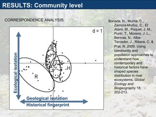 Ecological  isolation CORRESPONDENCE ANALYSIS Geological isolation Historical fingerprint RESULTS: Community level Bonada, N., Múrria, C., Zamora-Muñoz, C., El Alami, M., Poquet, J. M., Puntí, T., Moreno, J. L., Bennas, N., Alba-Tercedor, J., Ribera, C. & Prat, N. 2009.   Using community and population approaches to understand how contemporary and historical factors have shaped species distribution in river ecosystems.  Global Ecology and Biogeography  18: 202-213. 