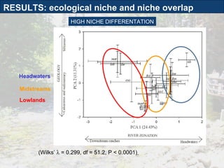 RESULTS: ecological niche and niche overlap Headwaters Midstreams Lowlands (Wilks’    = 0.299, df = 51.2, P < 0.0001)   HIGH NICHE DIFFERENTATION 