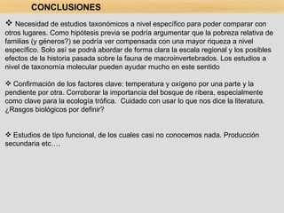 Necesidad de estudios taxonómicos a nivel específico para poder comparar con otros lugares. Como hipótesis previa se podría argumentar que la pobreza relativa de familias (y géneros?) se podría ver compensada con una mayor riqueza a nivel específico. Solo así se podrá abordar de forma clara la escala regional y los posibles efectos de la historia pasada sobre la fauna de macroinvertebrados. Los estudios a nivel de taxonomía molecular pueden ayudar mucho en este sentido Confirmación de los factores clave: temperatura y oxígeno por una parte y la pendiente por otra. Corroborar la importancia del bosque de ribera, especialmente como clave para la ecología trófica.  Cuidado con usar lo que nos dice la literatura. ¿Rasgos biológicos por definir? Estudios de tipo funcional, de los cuales casi no conocemos nada. Producción secundaria etc…. CONCLUSIONES 