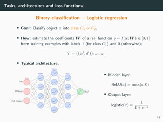 Tasks, architectures and loss functions
Binary classiﬁcation – Logistic regression
• Goal: Classify object x into class C1 or C2.
• How: estimate the coeﬃcients W of a real function y = f(x; W ) ∈ [0, 1]
from training examples with labels 1 (for class C1) and 0 (otherwise):
T = {(xi
, di
)}1=1..N
• Typical architecture:
• Hidden layer:
ReLU(a) = max(a, 0)
• Output layer:
logistic(x) =
1
1 + e−a
33
 