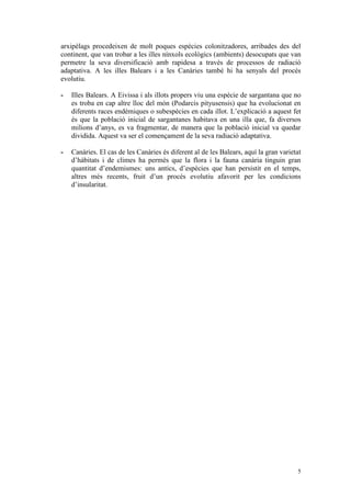 arxipèlags procedeixen de molt poques espècies colonitzadores, arribades des del
continent, que van trobar a les illes nínxols ecològics (ambients) desocupats que van
permetre la seva diversificació amb rapidesa a través de processos de radiació
adaptativa. A les illes Balears i a les Canàries també hi ha senyals del procés
evolutiu.

-   Illes Balears. A Eivissa i als illots propers viu una espècie de sargantana que no
    es troba en cap altre lloc del món (Podarcis pityusensis) que ha evolucionat en
    diferents races endèmiques o subespècies en cada illot. L’explicació a aquest fet
    és que la població inicial de sargantanes habitava en una illa que, fa diversos
    milions d’anys, es va fragmentar, de manera que la població inicial va quedar
    dividida. Aquest va ser el començament de la seva radiació adaptativa.

-   Canàries. El cas de les Canàries és diferent al de les Balears, aquí la gran varietat
    d’hàbitats i de climes ha permès que la flora i la fauna canària tinguin gran
    quantitat d’endemismes: uns antics, d’espècies que han persistit en el temps,
    altres més recents, fruit d’un procés evolutiu afavorit per les condicions
    d’insularitat.




                                                                                       5
 