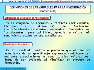 DEFINICIONES DE LAS VARIABLES PARA LA INVESTIGACIÓN
(Constructos)
Sergio Alejandro Arias Lara / Milvia Peñaloza
Estrategias de Evaluación de Aprendizajes:
Rendimiento Académico:
Es el conjunto de acciones y tácticas (actividades,
técnicas e instrumentos) de Evaluación
tradicionalmente existentes, renovadas o innovadas por
los docentes para calificar, Apreciar y valorar el
rendimiento académico sus estudiantes.
Es el resultado, medida o producto que obtiene el
estudiante de su aprendizaje expresado numéricamente,
mediante apreciaciones o como juicios valorativos,
luego de ser evaluado al finalizar un proceso de
formación.
 