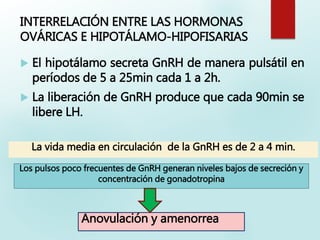 INTERRELACIÓN ENTRE LAS HORMONAS
OVÁRICAS E HIPOTÁLAMO-HIPOFISARIAS
 El hipotálamo secreta GnRH de manera pulsátil en
períodos de 5 a 25min cada 1 a 2h.
 La liberación de GnRH produce que cada 90min se
libere LH.
La vida media en circulación de la GnRH es de 2 a 4 min.
Los pulsos poco frecuentes de GnRH generan niveles bajos de secreción y
concentración de gonadotropina
Anovulación y amenorrea
 