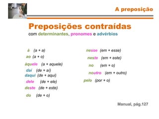 Preposições contraídas
com determinantes, pronomes e advérbios
A preposição
Manual, pág.127
à (a + a)
ao (a + o)
àquele (a + aquele)
daí (de + aí)
daqui (de + aqui)
dele (de + ele)
deste (de + este)
do (de + o)
nesse (em + esse)
neste (em + este)
no (em + o)
noutro (em + outro)
pelo (por + o)
 