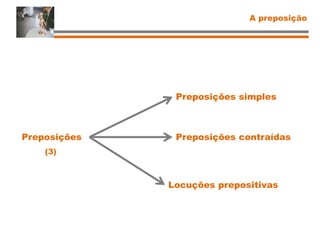 Preposições
Preposições simples
Preposições contraídas
Locuções prepositivas
(3)
A preposição
 