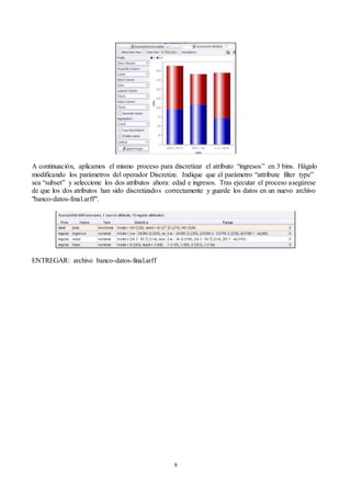 8
A continuación, aplicamos el mismo proceso para discretizar el atributo “ingresos” en 3 bins. Hágalo
modificando los parámetros del operador Discretize. Indique que el parámetro “attribute filter type”
sea “subset” y seleccione los dos atributos ahora: edad e ingresos. Tras ejecutar el proceso asegúrese
de que los dos atributos han sido discretizados correctamente y guarde los datos en un nuevo archivo
"banco-datos-final.arff".
ENTREGAR: archivo banco-datos-final.arff
 