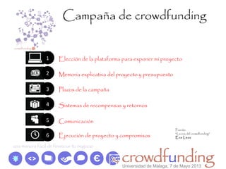 Campaña de crowdfunding
Elección de la plataforma para exponer mi proyecto
Memoria explicativa del proyecto y presupuesto
Plazos de la campaña
Sistemas de recompensas y retornos
Comunicación
Ejecución de proyecto y compromisos
1
2
3
4
5
6
Fuente:
“La era del crowdfunding”
Eva Leoz
Universidad de Málaga, 7 de Mayo 2013
 