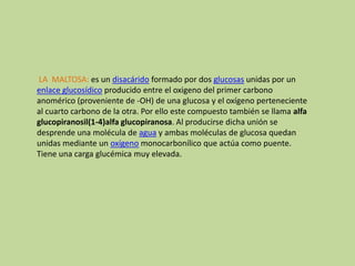  LA  MALTOSA: es un disacárido formado por dos glucosas unidas por un enlace glucosídico producido entre el oxigeno del primer carbono anomérico (proveniente de -OH) de una glucosa y el oxígeno perteneciente al cuarto carbono de la otra. Por ello este compuesto también se llama alfa glucopiranosil(1-4)alfa glucopiranosa. Al producirse dicha unión se desprende una molécula de agua y ambas moléculas de glucosa quedan unidas mediante un oxígenomonocarbonílico que actúa como puente. Tiene una carga glucémica muy elevada.