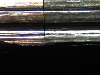 Detalle de correlación entre una estría de la bala “dubitada” y otra de la bala testigo”.
 