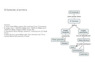 El Contenido: el territorio




Territorio
A. Título: fuente DINpro regular, 18 pt, interlinea 21,6 pt, 10 caracteres.
B. Imagen: foto 1- 103x90mm 300dpi, foto2- 190x90 mm 300dpi, foto 3-
169x90 mm 300dpi; Imágenes CMYK, formato JPG.
C. Planimetría: Vector InDesign, Tamaño C1: 149,8x 66,5 mm; C2:150,8X
75 mm.
D. Datos Técnicos: fuente DINpro light, 10 pt, interlinea 12 pt, 191 ca-
racteres Máximo 550 caracteres,17 lineas.
 