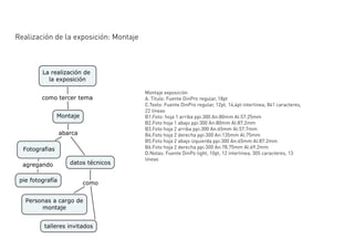 Realización de la exposición: Montaje




                                        Montaje exposición
                                        A. Título: Fuente DinPro regular, 18pt
                                        C.Texto: Fuente DinPro regular, 12pt, 14,4pt interlinea, 841 caracteres,
                                        22 líneas
                                        B1.Foto: hoja 1 arriba ppi:300 An:80mm Al:57.25mm
                                        B2.Foto hoja 1 abajo ppi:300 An:80mm Al:87.2mm
                                        B3.Foto hoja 2 arriba ppi:300 An:65mm Al:57.7mm
                                        B4.Foto hoja 2 derecha ppi:300 An:135mm Al:75mm
                                        B5.Foto hoja 2 abajo izquierda ppi:300 An:65mm Al:87.2mm
                                        B6.Foto hoja 2 derecha ppi:300 An:78.75mm Al:69.2mm
                                        D.Notas: Fuente DinPo light, 10pt, 12 interlinea, 305 caracteres, 13
                                        lineas
 