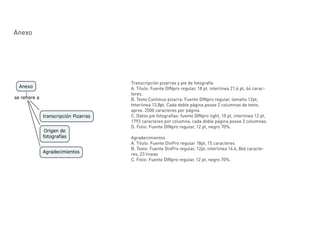 Anexo




        Transcripción pizarras y pie de fotografía
        A. Título: Fuente DINpro regular, 18 pt, interlinea 21,6 pt, 44 carac-
        teres.
        B. Texto Continuo pizarra: Fuente DINpro regular, tamaño 12pt,
        Interlinea 13,8pt. Cada doble página posee 2 columnas de texto,
        aprox. 2500 caracteres por página.
        C. Datos pie fotografías: fuente DINpro light, 10 pt, interlinea 12 pt,
        1793 caracteres por columna, cada doble página posee 2 columnas.
        D. Folio: Fuente DINpro regular, 12 pt, negro 70%.

        Agradecimientos
        A. Titulo: Fuente DinPro regular 18pt, 15 caracteres
        B. Texto: Fuente DinPro regular, 12pt, interlinea 14.4, 866 caracte-
        res, 23 lineas
        C. Folio: Fuente DINpro regular, 12 pt, negro 70%.
 