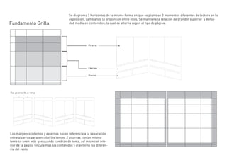 Se diagrama 3 horizontes de la misma forma en que se plantean 3 momentos diferentes de lectura en la
                                          exposición, cambiando la proporción entre ellos. Se mantiene la relación de grandor superior y densi-
Fundamento Grilla                         dad media en contenidos, la cual se alterna según el tipo de página.




Los márgenes internos y externos hacen referencia a la separación
entre pizarras para vincular los temas: 2 pizarras con un mismo
tema se unen más que cuando cambian de tema, así mismo el inte-
rior de la página vincula mas los contenidos y el externo los diferen-
cia del resto.
 