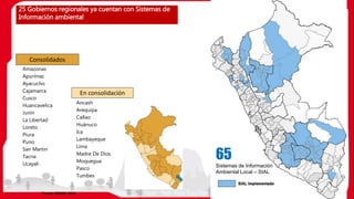 Amazonas
Apurímac
Ayacucho
Cajamarca
Cusco
Huancavelica
Junín
La Libertad
Loreto
Piura
Puno
San Martin
Tacna
Ucayali
25 Gobiernos regionales ya cuentan con Sistemas de
Información ambiental
Fuente: MINAM, 2016
Ancash
Arequipa
Callao
Huánuco
Ica
Lambayeque
Lima
Madre De Dios
Moquegua
Pasco
Tumbes
Consolidados
En consolidación
25
65
Sistemas de Información
Ambiental Local – SIAL
 
