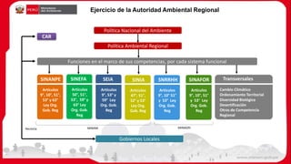 Ejercicio de la Autoridad Ambiental Regional
Política Nacional del Ambiente
Política Ambiental Regional
Funciones en el marco de sus competencias, por cada sistema funcional
SINANPE
Artículos
9°, 10°, 51°,
53° y 63°
Ley Org.
Gob. Reg
SINEFA
Artículos
50°, 51°,
53°, 59° y
63° Ley
Org. Gob.
Reg
SEIA
Artículos
9°, 53° y
59° Ley
Org. Gob.
Reg
SINIA
Artículos
47°, 51°,
52° y 53°
Ley Org.
Gob. Reg
SNRRHH
Artículos
9°, 10° 51°
y 53° Ley
Org. Gob.
Reg
SINAFOR
Artículos
9°, 10°, 51°
y 53° Ley
Org. Gob.
Reg
CAR
Gobiernos Locales
MINAM MINAGRIRectoría
Transversales
Cambio Climático
Ordenamiento Territorial
Diversidad Biológica
Desertificación
Otros de Competencia
Regional
 