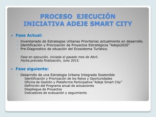  Fase Actual:
◦ Inventariado de Estrategias Urbanas Prioritarias actualmente en desarrollo.
◦ Identificación y Priorización de Proyectos Estratégicos “Adeje2020”
◦ Pre-Diagnostico de situación del Ecosistema Turístico.
Fase en ejecución, iniciada el pasado mes de Abril.
Fecha prevista finalización, Julio 2015.
 Fase siguiente:
◦ Desarrollo de una Estrategia Urbana Integrada Sostenible
 Identificación y Priorización de los Retos y Oportunidades
 Oficina de Gestión y Plataforma Participativa “Adeje Smart City”
 Definición del Programa anual de actuaciones
 Despliegue de Proyectos
 Indicadores de evaluación y seguimiento
PROCESO EJECUCIÓN
INICIATIVA ADEJE SMART CITY
 
