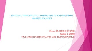 NATURAL THERAPEUTIC COMPOUNDS IN NATURE FROM
MARINE SOURCES
Mentor: DR. DEBASHIS BANERJEE
Mentee: S. VISHNU
TITLE: MARINE SEAWEEDS EXTRACTION USING SILVER NANOPARTICLES
 