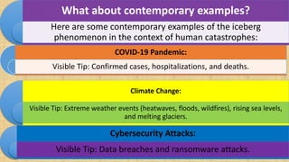 What about contemporary examples?
Here are some contemporary examples of the iceberg
phenomenon in the context of human catastrophes:
COVID-19 Pandemic:
Visible Tip: Confirmed cases, hospitalizations, and deaths.
Climate Change:
Visible Tip: Extreme weather events (heatwaves, floods, wildfires), rising sea levels,
and melting glaciers.
Cybersecurity Attacks:
Visible Tip: Data breaches and ransomware attacks.
 