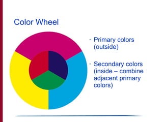 Color Wheel <ul><li>Primary colors (outside) </li></ul><ul><li>Secondary colors (inside – combine adjacent primary colors)...