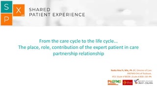 From the care cycle to the life cycle...
The place, role, contribution of the expert patient in care
partnership relationship
Nadia Péoc’h, MSc, Ph. D | Director of Care
PREFMS-CHU of Toulouse,
IFCS |Ecole d’IBODE |Ecole d’IADE |DE-IPA
 