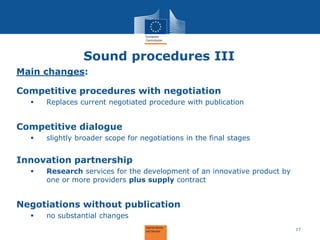 Sound procedures III
Main changes:
Competitive procedures with negotiation
 Replaces current negotiated procedure with pu...