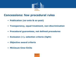 Concessions: few procedural rules
• Publication (ex-ante & ex-post)
• Transparency, equal treatment, non-discrimination
• ...