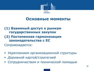 Основные моменты
(1) Взаимный доступ к рынкам
государственных закупок
(2) Постепенная гармонизация
законодательства с ЕС
Сопровождается:
 Укреплением организационной структуры
 Дорожной картой/стратегией
 Сотрудничеством и технической помощью
32
 