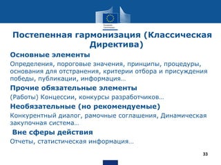 Постепенная гармонизация (Классическая
Директива)
Основные элементы
Определения, пороговые значения, принципы, процедуры,
основания для отстранения, критерии отбора и присуждения
победы, публикации, информация…
Прочие обязательные элементы
(Работы) Концессии, конкурсы разработчиков…
Необязательные (но рекомендуемые)
Конкурентный диалог, рамочные соглашения, Динамическая
закупочная система…
Вне сферы действия
Отчеты, статистическая информация…
33
 
