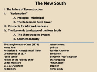 The New South
I. The Failure of Reconstruction
II. “Redemption”
         A. Prologue: Mississippi
         B. The Redeemers Seize Power
III. Prospects for African-Americans
IV. The Economic Landscape of the New South
         A. The Sharecropping System
         B. Southern Industry
The Slaughterhouse Cases (1873)     retrenchment
Home Rule                           poll tax
Rutherford B. Hayes/Samuel Tilden   Jourdan Anderson
Compromise of 1877                  Exodusters
“Solid South”                       Benjamin “Pap” Singleton
Politics of the “Bloody Shirt”      sharecropping
Colfax Massacre                     “King Cotton”
U. S. v. Cruikshank                 crop lien
Redeemers                           Henry Grady
 