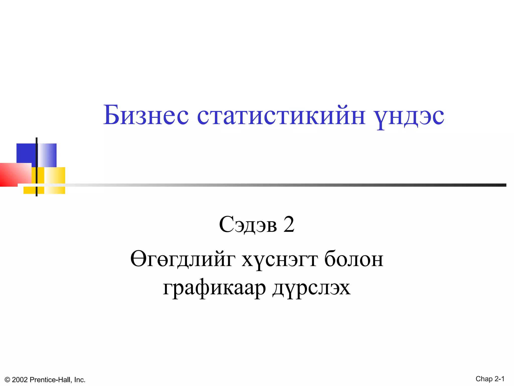 Бизнес статистикийн үндэс

Сэдэв 2
Өгөгдлийг хүснэгт болон
графикаар дүрслэх

© 2002 Prentice-Hall, Inc.

Chap 2-1

 