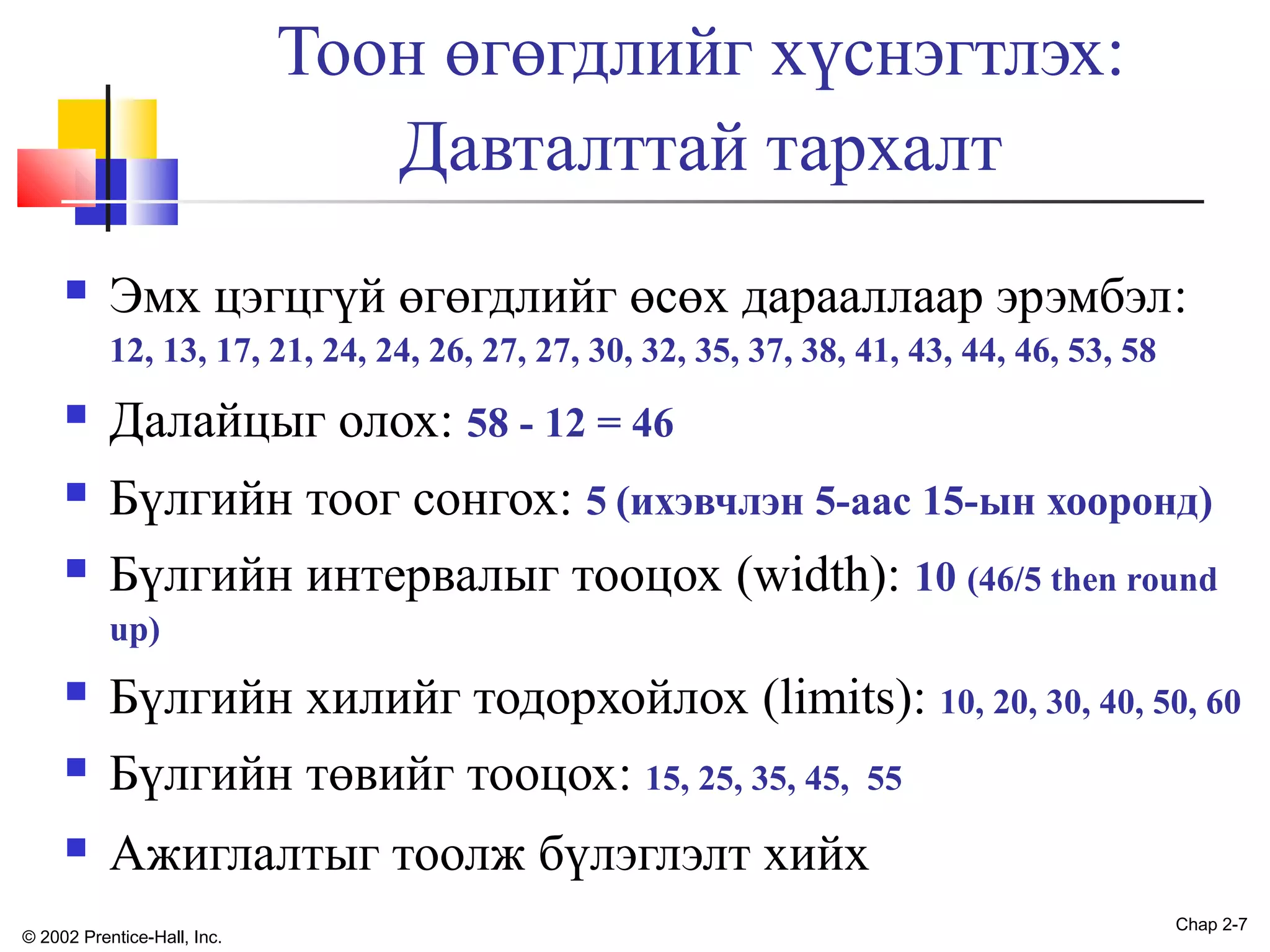Тоон өгөгдлийг хүснэгтлэх:
Давталттай тархалт


Эмх цэгцгүй өгөгдлийг өсөх дарааллаар эрэмбэл:
12, 13, 17, 21, 24, 24, 26, 27, 27, 30, 32, 35, 37, 38, 41, 43, 44, 46, 53, 58



Далайцыг олох: 58 - 12 = 46



Бүлгийн тоог сонгох: 5 (ихэвчлэн 5-аас 15-ын хооронд)
Бүлгийн интервалыг тооцох (width): 10 (46/5 then round



up)




Бүлгийн хилийг тодорхойлох (limits): 10, 20, 30, 40, 50, 60
Бүлгийн төвийг тооцох: 15, 25, 35, 45, 55
Ажиглалтыг тоолж бүлэглэлт хийх

© 2002 Prentice-Hall, Inc.

Chap 2-7

 