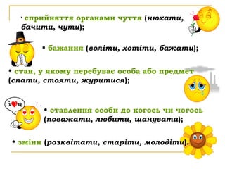 • сприйняття
             органами чуття (нюхати,
  бачити, чути);

       • бажання (воліти, хотіти, бажати);


• стан, у якому перебуває особа або предмет
(спати, стояти, журитися);


        • ставлення особи до когось чи чогось
        (поважати, любити, шанувати);


• зміни (розквітати, старіти, молодіти).
 