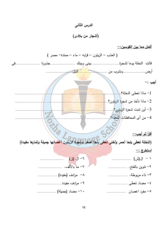 الدرس الثانى 
(أشجار من بلادى) 
16 
أكمل مما بين القوسين:- 
( العذب – الزيتون – ق ا ربه – ماء – ممتدة- مصر ) 
قالت النخلة يوما لشجرة.....................................بينى وبينك .................................جذورنا ................................فى 
أرض.............................ونشرب من .....................................النيل.................................. 
أجب :- 
-1 ماذا تعطى النخلة؟.......................................................................................................................................... 
-2 ماذا نأخذ من شجرة الزيتون؟......................................................................................................................... 
-3 أين تنبت شجرة الزيتون؟................................................................................................................................ 
-4 من أى المحافظات النخلة؟............................................................................................................................ 
أق أ ر ثم أجب:- 
(النخلة تعطى بلحا أحمر وأختى تعطى بلحا أصفر وشجرة الزيتون أغصانها جميلة وثمارها مفيدة) 
استخرج :- 
١ - ال(ش) ......................... ٦- ال (ق) ............................... 
٢- تنوين بالفتح. ......................... ٧- مد بالألف. ............................... 
٣- تاء مربوطة. ......................... ٨- م ا ردف (مفيدة) ......................... 
٤- مضاد تعطى ......................... ٩- م ا ردف مفيدة................................ 
٥- مفرد اغصان ......................... ١٠ - مضاد (جميلة) ......................... 
 