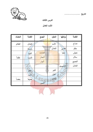 25 
التاريخ ....................... 
الدرس الثالث 
الأسد العادل 
الكلمة م ا ردفها المفرد الجمع الكلمة المضاد 
صاح الأسد العادل الظالم 
حكم قضى العادل واسعة 
نعيش نحيا الغابات كبيرة 
سلام أشجار تشرب تظمأ 
الجميع أنهار 
العادل المنصف 
كبير ابتعد 
الفيل ذهب 
العشب جميعا بعض اً 
النمور 
 