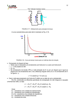 _____________ Prof. Ghendy Cardoso Junior_____________________
12
FIGURA 2.17 – Defasamento para produção de torque.
A curva característica para este relé é mostrada na Fig. 2.18.
FIGURA 2.18 – Curva de tempo inverso para um relé tipo disco de indução.
 Comparador do ângulo de fase:
o Neste caso é necessário um enrolamento com fonte de I e o outro com fonte de E.
o   â de projeto do relé
o Id  Ip
o No enrolamento de tensão (TP) a I está atrasada da E no por um ângulo que é igual ao
ângulo da Z do enrolamento de E. Se a diferença angular entre a E e I no enrolamento de V
for igual a - 
 = V.I.sin(+) = V.I.sin ();
 Caso o relé seja energizado com fonte de E obtêm-se os relés de sub e sobretensão;
Por fim, combinado as diferentes grandezas de energização do relé chega-se a equação
universal dos relés, ou seja:
 =  K1.I2
 K2.V2
 K3.V.I.sin(+)– K4
 =  K1.I2
 K2.V2
 K3.V.I.cos(-) – K4
Onde:
K1 – caracteriza uma unidade de sobrecorrente;
K2 – caracteriza uma unidade de sobretensão;
K1 e K2– caracteriza uma unidade de impedância;
K3 – caracteriza uma unidade direcional;
K4 – constante da mola.
 
