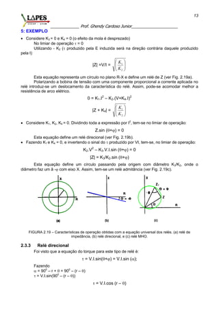 _____________ Prof. Ghendy Cardoso Junior_____________________
13
5: EXEMPLO
 Considere K3 = 0 e K4 = 0 (o efeito da mola é desprezado)
No limiar de operação  = 0
Utilizando - K2 ( produzido pela E induzida será na direção contrária daquele produzido
pela I)
|Z| =V/I = 





2
1
K
K
Esta equação representa um círculo no plano R-X e define um relé de Z (ver Fig. 2.19a).
Polarizando a bobina de tensão com uma componente proporcional a corrente aplicada no
relé introduz-se um deslocamento da característica do relé. Assim, pode-se acomodar melhor a
resistência de arco elétrico.
0 = K1.I2
– K2.(V+K4.I)2
|Z + K4| = 





2
1
K
K
 Considere K1, K2, K4 = 0. Dividindo toda a expressão por I2
, tem-se no limiar de operação:
Z.sin (+) = 0
Esta equação define um relé direcional (ver Fig. 2.19b).
 Fazendo K1 e K4 = 0, e invertendo o sinal do  produzido por VI, tem-se, no limiar de operação:
K2.V2
– K3.V.I.sin (+) = 0
|Z| = K3/K2.sin (+)
Esta equação define um círculo passando pela origem com diâmetro K3/K2, onde o
diâmetro faz um â - com eixo X. Assim, tem-se um relé admitância (ver Fig. 2.19c).
FIGURA 2.19 – Características de operação obtidas com a equação universal dos relés. (a) relé de
impedância, (b) relé direcional, e (c) relé MHO.
2.3.3 Relé direcional
Foi visto que a equação do torque para este tipo de relé é:
 = V.I.sin(+) = V.I.sin ();
Fazendo
 = 900
– r +  = 900
– (r – )
 = V.I.sin(900
– (r – ))
 = V.I.cos (r – )
 