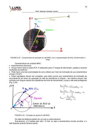 _____________ Prof. Ghendy Cardoso Junior_____________________
16
FIGURA 2.23 – Característica de operação do relé MHO, com a representação da linha, transformador e
carga.
Características da unidade MHO:
 Inerentemente direcional;
 Ocupa menor área no plano R-X  adequado para LT longas de alta tensão, sujeitas a severas
oscilações de potência;
 Pode fazer uma boa acomodação do arco voltaico por meio da inclinação de sua característica
circular (10-200
).
 Estas regulagens devem ser corrigidas, pois pode ocorrer que característica da inclinação da
circunferência do limiar de operação do relé de admitância (o ângulo  de máximo torque) não
coincida com ângulo natural da impedância da linha de transmissão, a qual o relé está protegendo
(Fig. 2.24).
FIGURA 2.24 – Correção do ajuste do relé MHO.
80% AB
AB
ajuste80% AB
AB
80% AB
ajuste
AB
Z .LT
CA.cos( )
2
ZZ .LT
.cos( )
2 2
Z .LT
Z
cos( )
   
   

  
Os relés de distância podem ter um sub ou sobre-alcance:
Sub-alcance: a Z medida pelo relé > Z real, ou seja a característica circular encolhe, e o
relé bloqueia quando deveria operar.
 