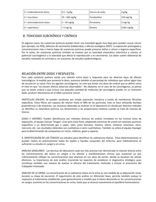 3 = moderadamente tóxica 0.5 - 5 g/kg Cloruro de sodio 4 g/kg
4 = muy tóxica 50 – 500 mg/kg Fenobarbital 150 mg/ Kg
5 = extremadamente tóxica 5 – 50 mg/kg Picrotoxina 5 mg/ Kg
6 = supertóxica < 5 mg/ kg Dioxina 0.001 mg/kg
B. TOXICIDAD SUBCRÓNICA Y CRÓNICA
En algunos casos, las sustancias químicas pueden tener una toxicidad aguda muy baja pero pueden causar cáncer
(por ejemplo, los PCB), defectos de nacimiento (talidomida), o efectos ecológicos (DDT). La exposición prolongada a
concentraciones más o menos bajas de sustancias químicas puede provocar daños o cáncer a órganos específicos.
Por lo tanto, las sustancias químicas también se evalúan por su toxicidad sistemática subcrónica y crónica, el
potencial carcinogénico y la toxicidad que afecta la reproducción y el crecimiento. Los datos suelen obtenerse de
estudios realizados en animales y, en ocasiones, de estudios epidemiológicos.
RELACIÓN ENTRE DOSIS Y RESPUESTA:
Para cada sustancia química existe una relación entre dosis y respuesta para los diversos tipos de efectos
toxicológicos. A medida que aumenta la dosis, aumenta también el porcentaje de individuos que sufren algún tipo
de secuela en su salud. Para los agentes carcinógenos, se cree que existe una dosis de umbral que se define como
el nivel en que "no existen efectos adversos observables". No obstante, en el caso de los carcinógenos, se piensa
que no existe umbral y que incluso una pequeña cantidad de moléculas de carcinógeno puede, en un momento
dado, producir alteraciones en el DNA y provocar cáncer.
PARTÍCULAS SÓLIDAS: Se pueden recolectar por simple aspiración mecánica a través de membranas filtrantes
específicas. Estos filtros son capaces de retener hasta el 98% de las partículas. Esto se hace utilizando bombas
gravimétricas o de muestreo. Las muestras obtenidas se analizan en el laboratorio en donde por distintos métodos
se identifica su naturaleza química, sus dimensiones y las proporciones relativas cuando se trata de mezclas de
tóxicos.
GASES Y VAPORES: Pueden identificarse por métodos directos de análisis inmediato en los mismos sitios de
exposición, el equipo manual "Drager" sirve para estos fines, adaptando columnas de cristal con reactivos químicos
específicos a un determinado gas o vapor, tales como benceno, tolueno, xileno, metanol, amoniaco, cloro,
mercurio, etc. Los resultados obtenidos son cualitativos o semi cuantitativos. También se utiliza el equipo Impinger
para la determinación de compuestos en rocíos, neblinas, gases y vapores.
9. IDENTIFICACIÓN DE LOS TÓXICOS Los estudios para identificar las substancias tóxicas. Estas determinaciones se
pueden realiza en prácticamente todos los tejidos y líquidos corporales del enfermo, pero habitualmente es
suficiente su estudio en sangre y en orina.
ANÁLISIS SANGUÍNEO: Las técnicas de laboratorio cada vez más precisas han demostrado la relación directa entre
las concentraciones del tóxico en sangre y los efectos y manifestaciones clínicas que ocasionan ya que
indirectamente reflejan las concentraciones que alcanzan en sus sitios de acción, donde se localizan las células
efectoras. La importancia de este análisis trasciende los aspectos de establecer el diagnostico etiológico pues
constituye también una manera de evaluar la eficacia del tratamiento instituido e incluso el pronostico del
trabajador intoxicado.
ANÁLISIS DE LA ORINA: La concentración de la substancia tóxica en la orina es una medida de su depuración renal,
durante su etapa de excreción. El seguimiento de este análisis en diferentes fases, permite también evaluar la
respuesta al tratamiento establecido, pues generalmente a medida que el tóxico desciende en las concentraciones
en sangre, aumenta en las concentraciones en orina, hasta que se alcanza nuevamente el equilibrio homeostásico.
 
